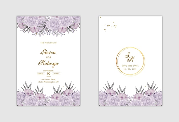 Elegante hochzeitseinladungsvorlage mit lila blume premium psd
