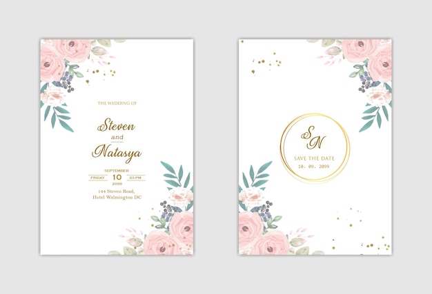 Elegante hochzeitseinladungsvorlage mit lila blume premium psd