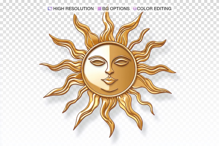 PSD elegante icono griego del sol dorado con resaltos de bronce