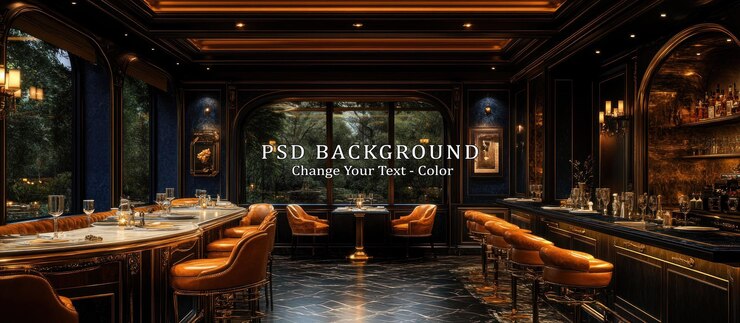PSD elegante interno del bar con sedili di peluche e grandi finestre