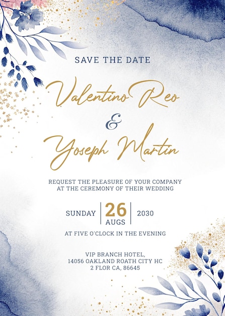 Elegante invitación de boda con acentos de acuarela floral