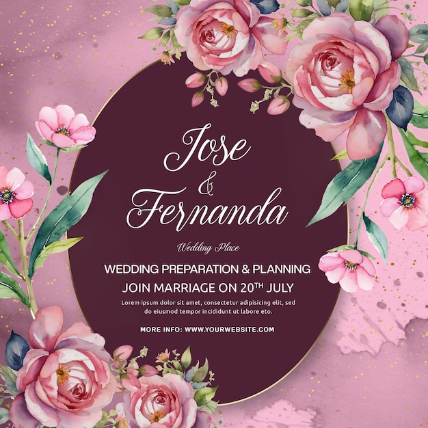 Elegante invitación de boda en acuarela con rosas rosas