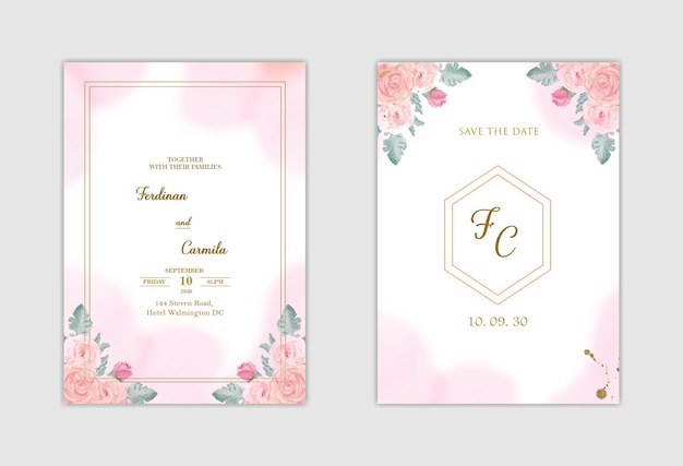 Elegante invitación de boda blanca y guarda la fecha con flor azul PSD Premium