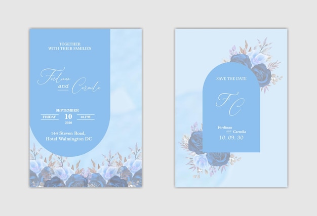 Elegante invitación de boda blanca y guarda la fecha con flor azul psd premium