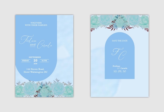 Elegante invitación de boda blanca y guarda la fecha con flor azul PSD Premium