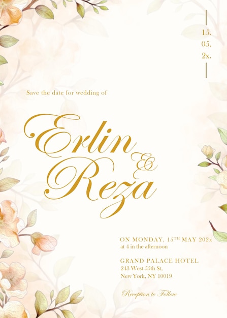 Elegante invitación de boda floral con tipografía dorada
