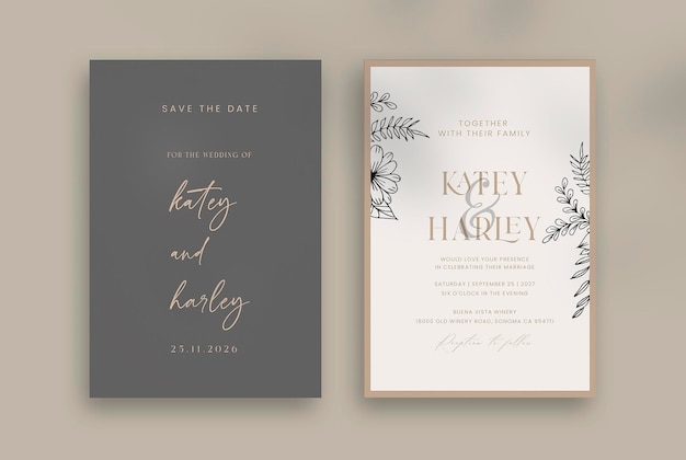 elegante invitación de boda minimalista con fondo marrón