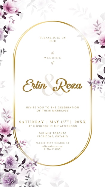 Elegante invitación floral de boda con marco de oro