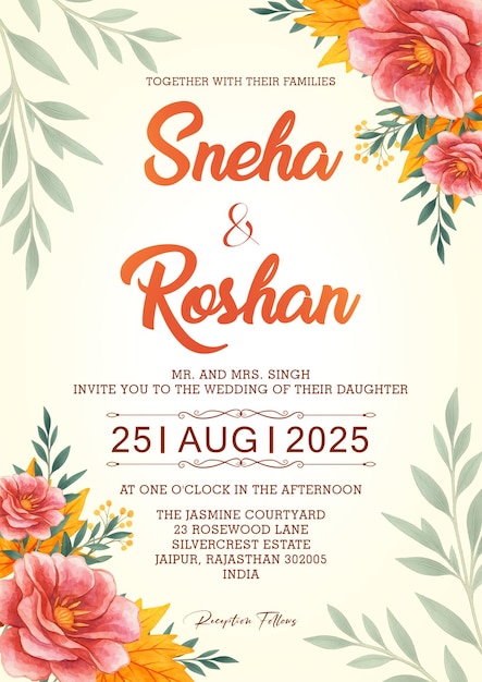Elegante invitación floral de boda con nombres
