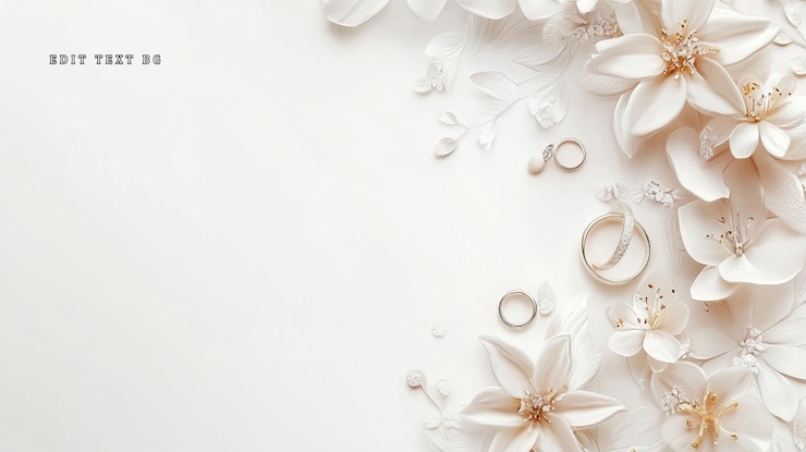 PSD elegante invito a nozze con fiori bianchi e anelli d'oro su sfondo bianco