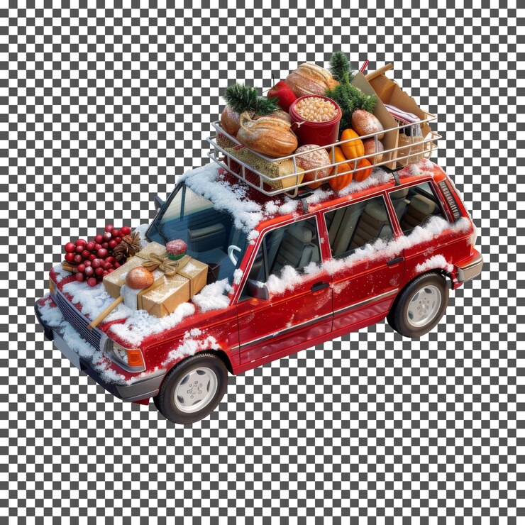 PSD elegante kit de emergencia para automóviles de invierno con comida aislada sobre un fondo transparente