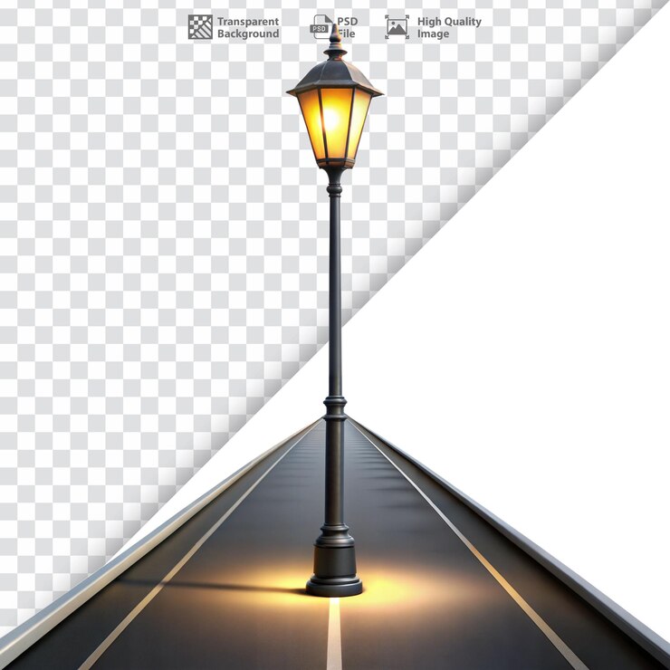 PSD elegante lampada stradale che getta luce su una strada buia creando un'atmosfera serena notturna