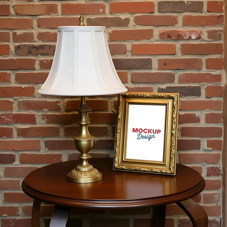 PSD elegante lámpara de mesa con marco de oro en una mesa de madera contra una pared de ladrillo