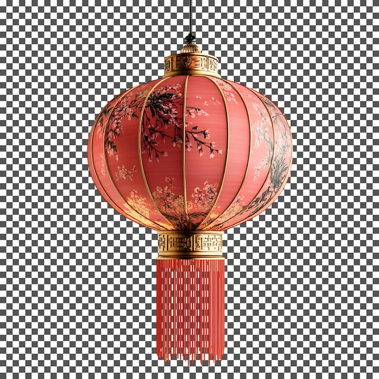 PSD elegante linterna china roja con diseño floral aislado sobre un fondo transparente