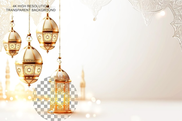 Elegante linterna dorada árabe de oro blanco diseño islámico en fondo transparente