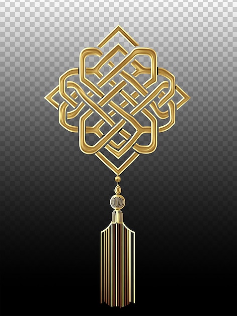 Elegante logo del nodo cinese con tasselli in oro dorato su sfondo nero