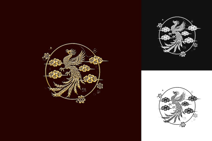 PSD el elegante logotipo del fénix chino con nubes y flores para las colecciones de diseño vectorial abstracto de de