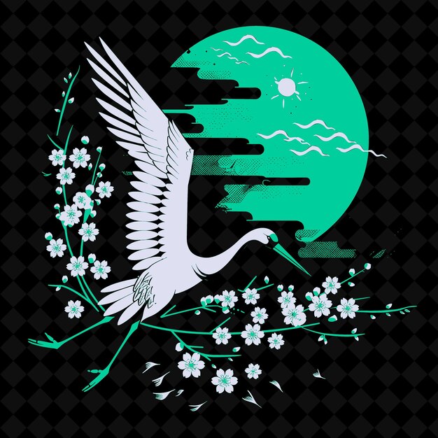 El elegante logotipo de la grúa japonesa con flores de cerezo y nubes Colecciones de diseño vectorial abstracto