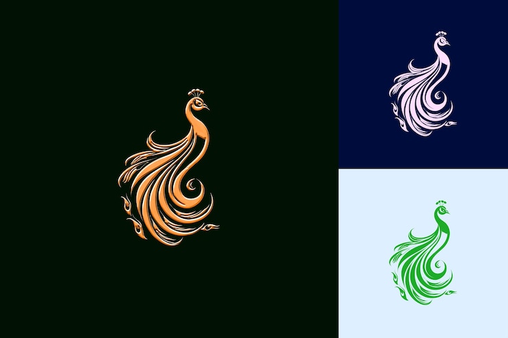 PSD elegante logotipo de mascota de pavo real con plumas y un orgulloso expreso de diseños vectoriales abstractos lindos
