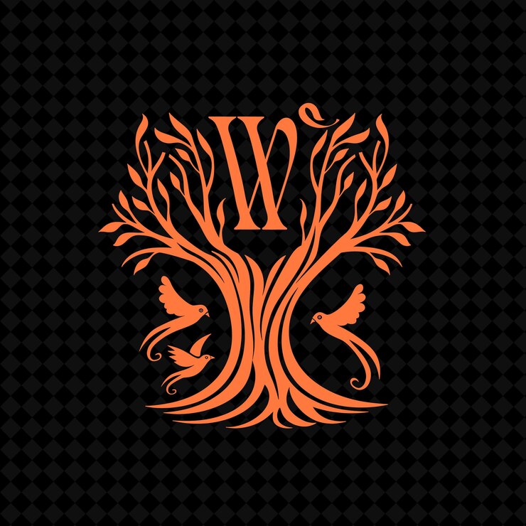 PSD elegante logotipo de monograma de árbol de sauce con aves decorativas y diseños creativos de vectores de plantas
