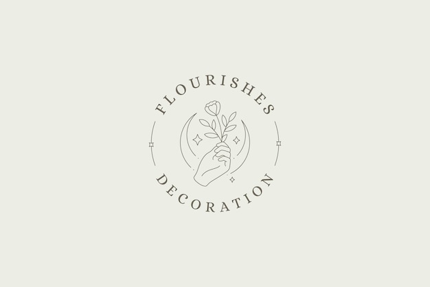 Elegante mão humana flor de flor selvagem e meia lua cercada por estrelas brilhantes logotipo da linha