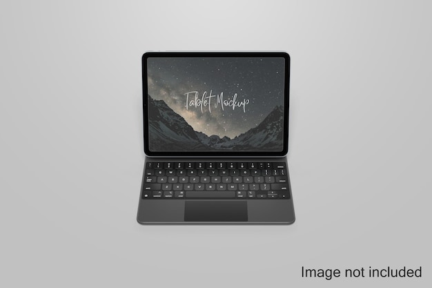 PSD elegante maqueta de tableta con caja de teclado en la mesa.