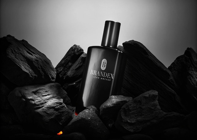 Elegante maquillaje de botella de perfume negra con iluminación dramática y temas de lujo PSD editable