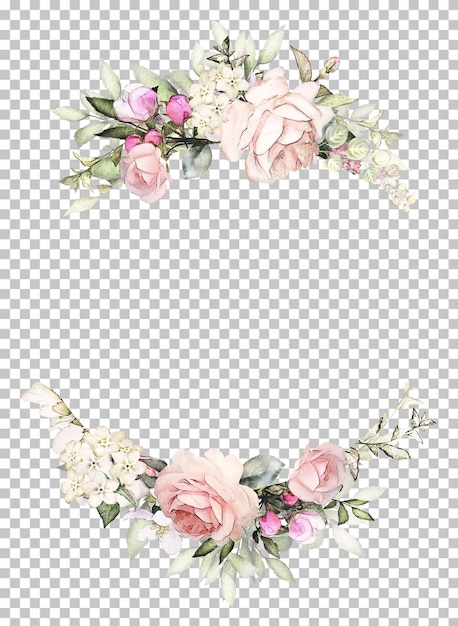 Elegante marco floral de acuarela con rosas rosas y vegetación