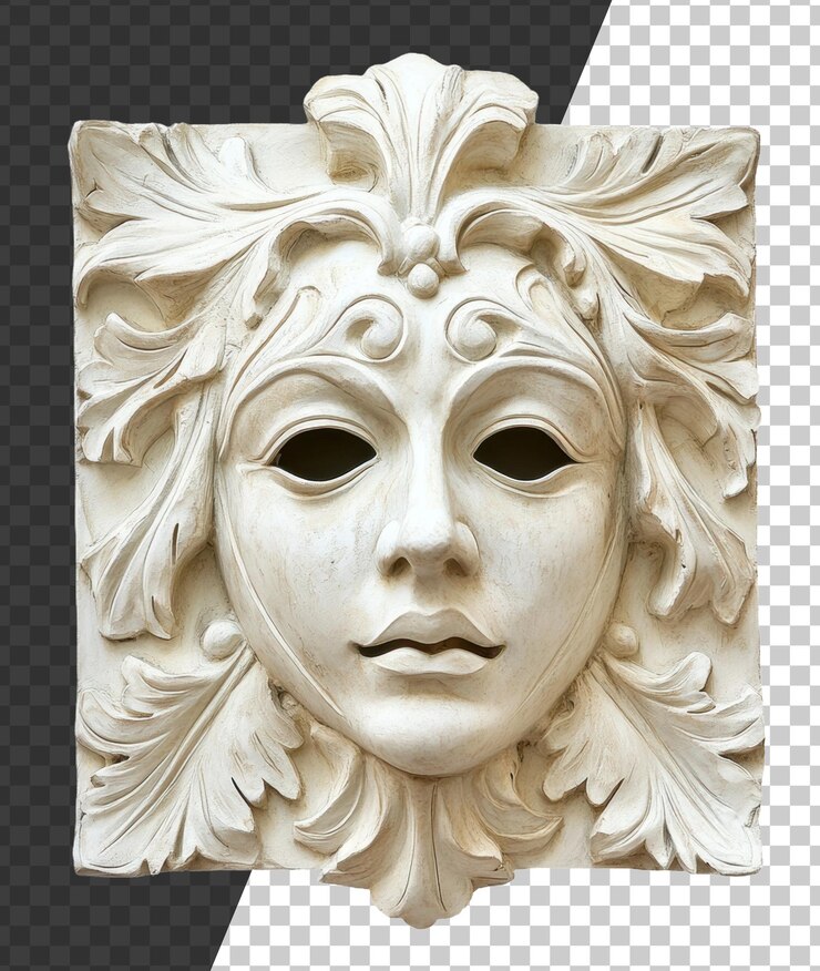 PSD elegante maschera decorativa bianca con disegni floreali e un viso espressivo visualizzato contro uno sfondo neutrale