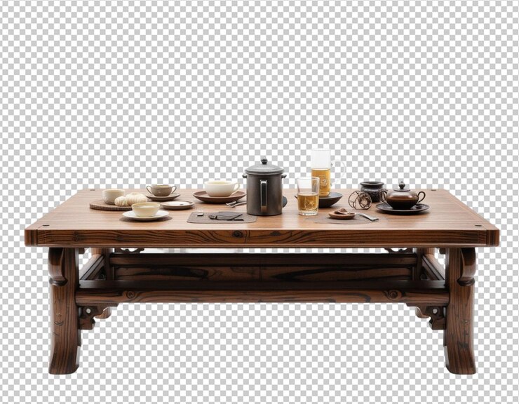 PSD elegante mesa de café de madera ceremonia de té configuración estilo asiático taza zen casa oscura tranquila cálida acogedora