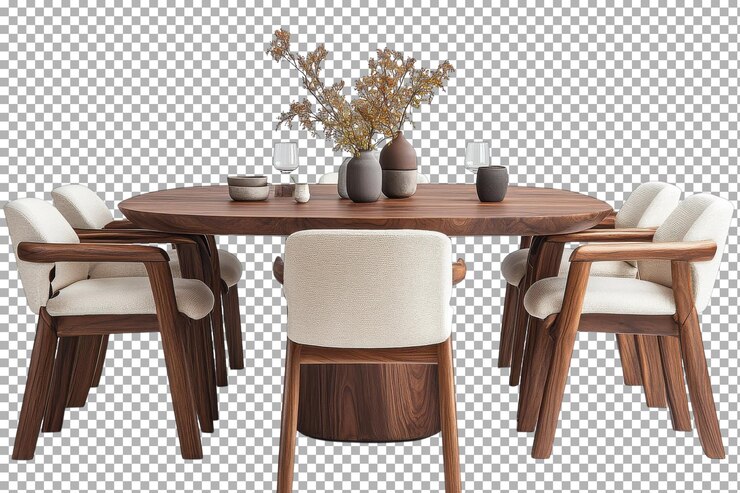 PSD elegante mesa de comedor de madera con cómodas sillas y jarrones decorativos en un entorno de diseño interior moderno