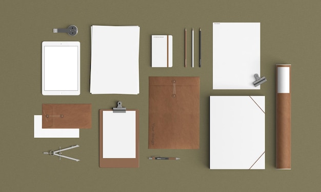 Elegante minimalistische Schreibwaren-Mockup-Szene mit Papier-Clipboard und Zubehör