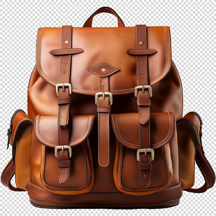 Elegante mochila de cuero marrón sobre un fondo transparente