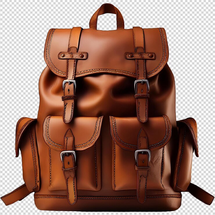 Elegante mochila de cuero marrón sobre un fondo transparente