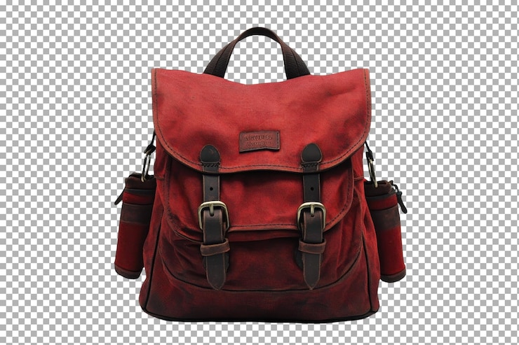 PSD elegante mochila vintage roja con hebillas y bolsillos laterales ideal para aventuras al aire libre y uso diario