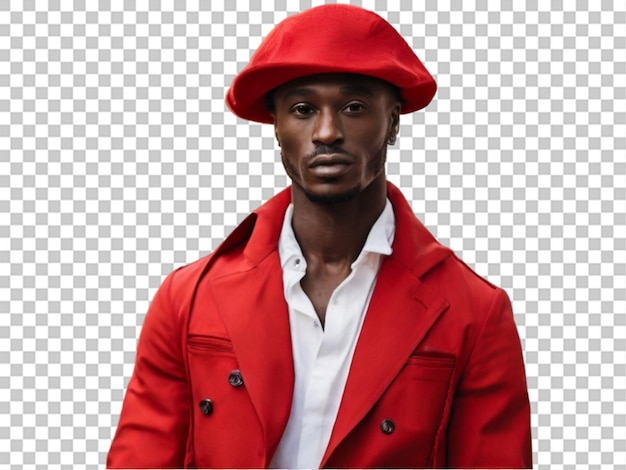 PSD elegante y a la moda afro francia hombre con sombrero rojo y blanco ou en fondo transparente