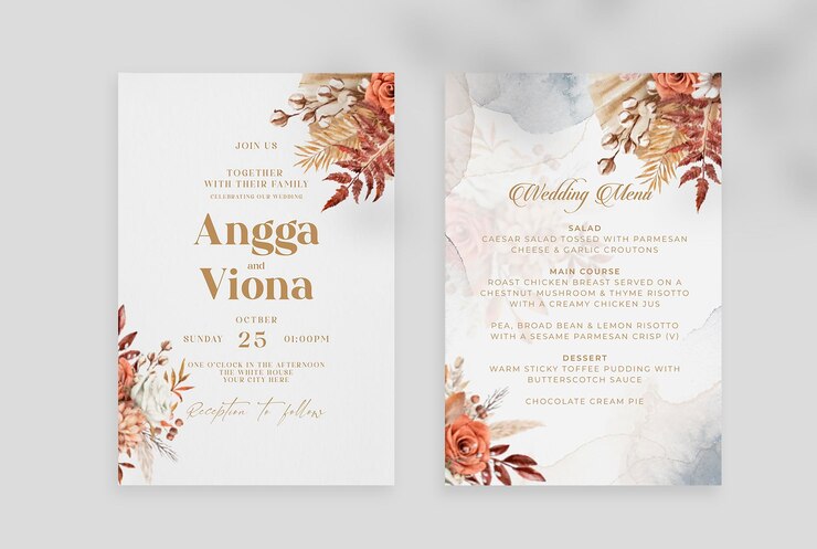 elegante modelo de cartão de convite de casamento de flores secas em aquarela