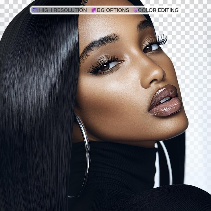 PSD elegante mulher afro-americana exibindo extensões de cabelo de luxo