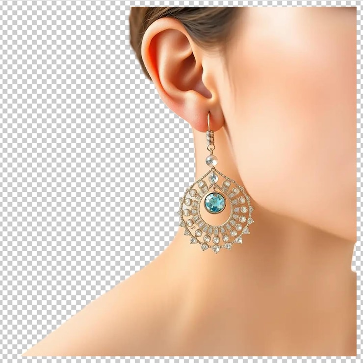 PSD elegante mulher brincos de moda jóias azul pedra preciosa design estilo dourado modelo brilhante foto imagem de luxo