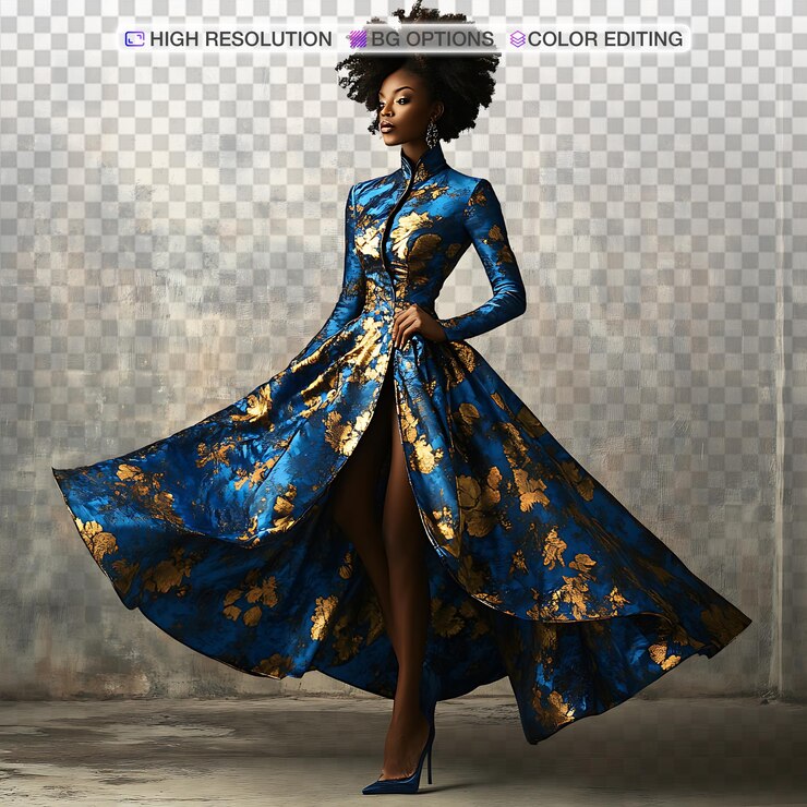 PSD elegante mulher negra em vestido de cetim floral retrato