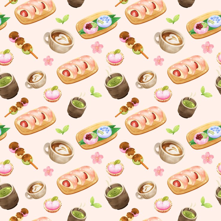 PSD elegante nerikiri creations postre japonés dibujado a mano patrón de pintura digital diseño sin costuras