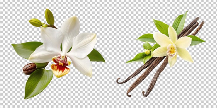 PSD elegante orquídea blanca y frijoles de vainilla con fondo transparente para uso digital