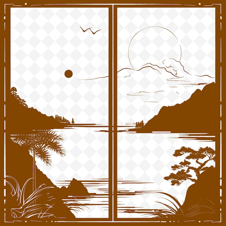 PSD elegante pantalla japonesa en blanco y negro pintada con un diseño de ilustración plana de contorno png sereno
