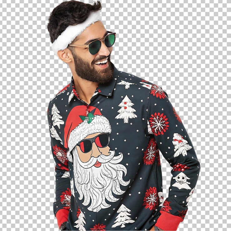 PSD un elegante papá noel barbudo en invierno contra un bosque de invierno con elegantes gafas de sol