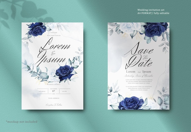 PSD elegante papelería de boda con corona floral de acuarela con flores y hojas azul marino