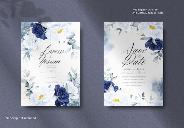 PSD elegante papelería de boda con marco floral de acuarela con flores y hojas azul marino