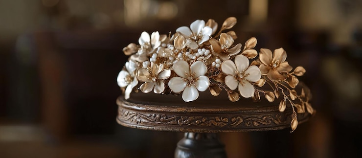 PSD elegante peine de pelo floral dorado y blanco en una exhibición de madera oscura