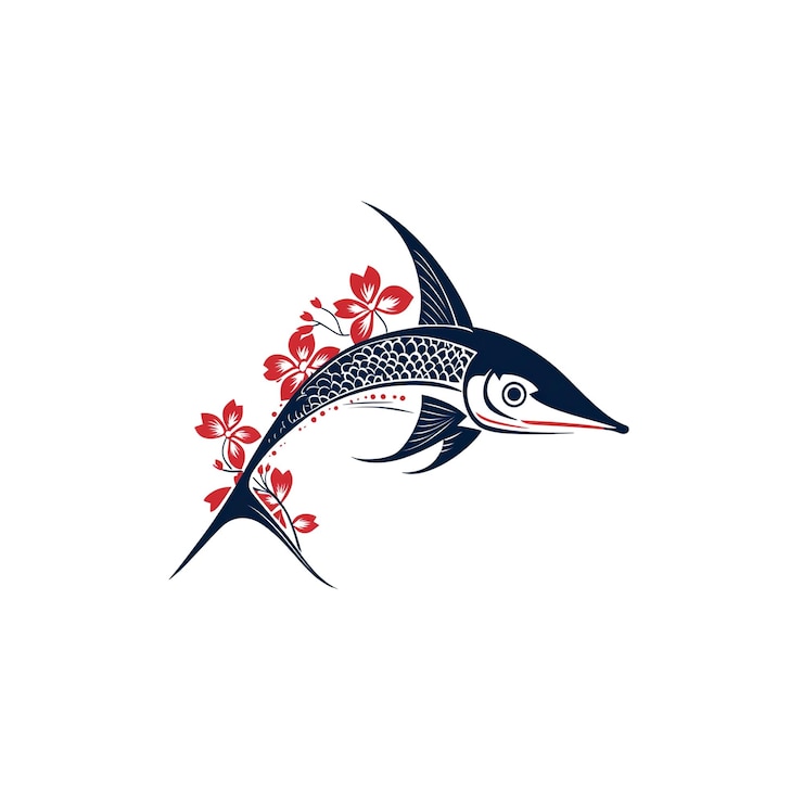 PSD elegante peixe-espada azul escuro com ilustração de flores de cereja vermelha