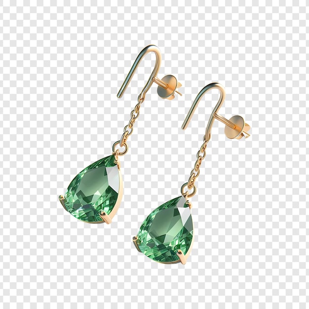 Elegante pendiente con una piedra preciosa verde aislada sobre un fondo transparente