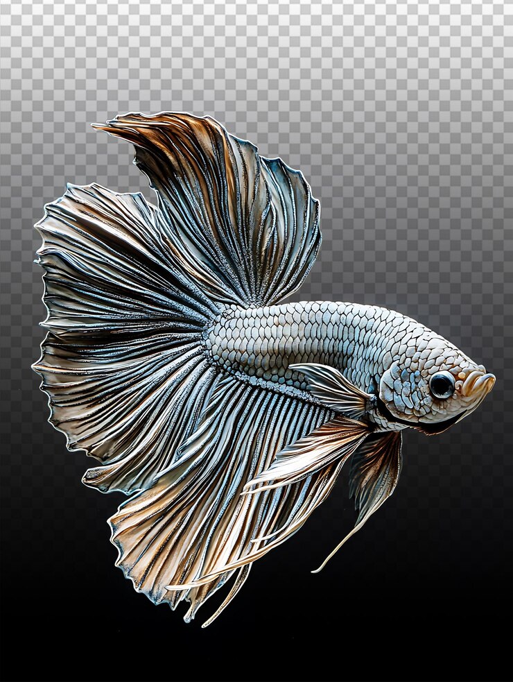 PSD elegante pez betta oscuro contra un lienzo negro